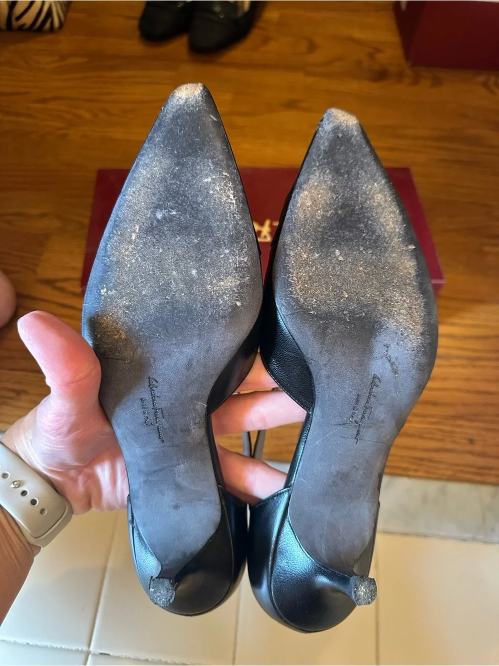 Salvatore Ferragamo Black Leather T-Strap Pointed Pumps